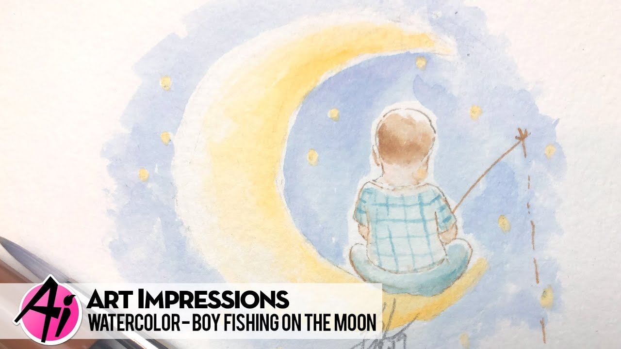 Ai Watercolor - Boy Fishing on the Moon 