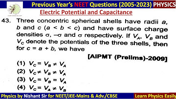 Three concentric spherical shells have radii a, b and c and have surface  charge densitie #aipmt2009