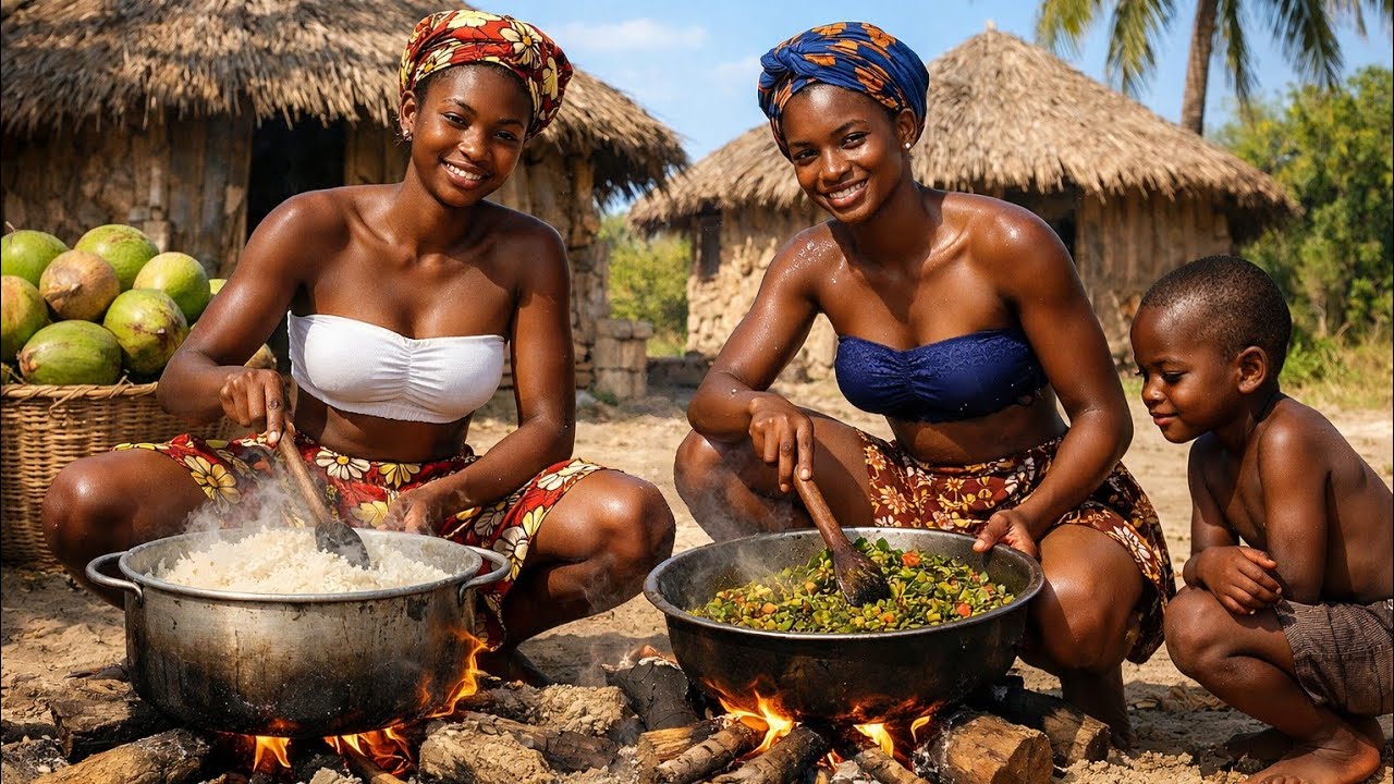 Typical African village life of our youngest wives#cooking green lentils and rice for lunch