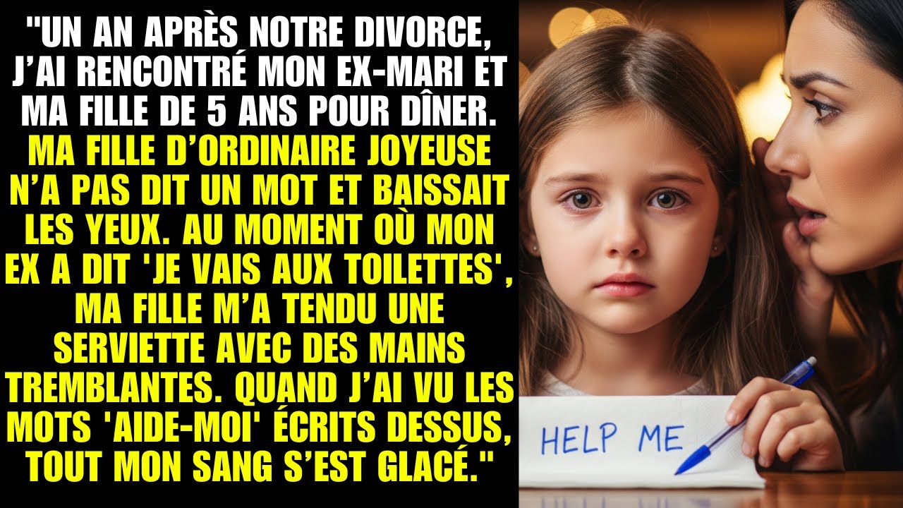 Après divorce, fille tend serviette avec Aide-moi, sang glacé dans mon corps entier