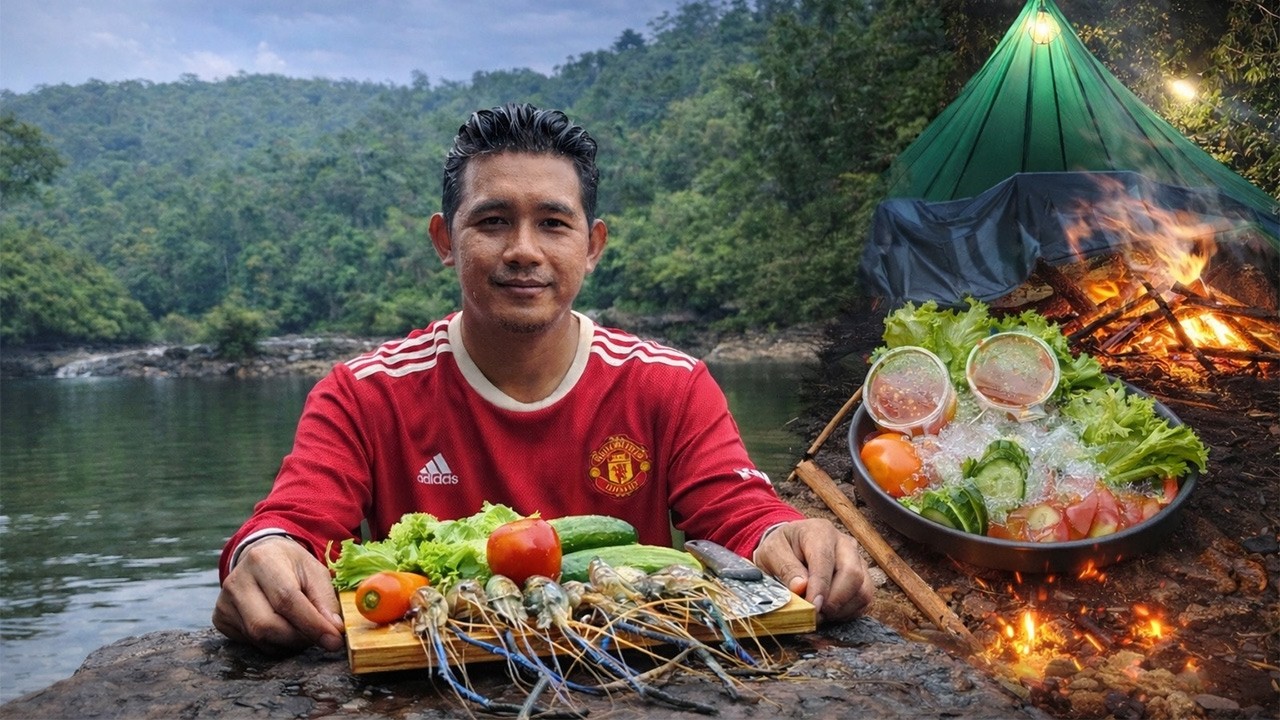 Experience of Adventure  Cooking By The Nature Waterfall  Fresh Prawns & Campfire Vibes 🦐🔥🌿#camping
