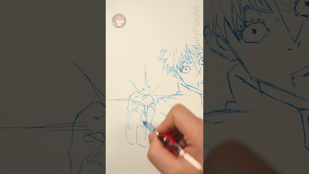 Keyframe drawing of Gojo in Season 2 with glass dip pen 