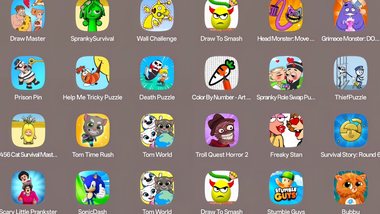 Roblox,Grimace Monster Scary Survival,Scary Little Prankster,Kick The Buddy,Stumble Guys,Sonic Dash