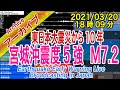 宮城沖　最大震度５強 M7.2　2021/03/20（18：09）