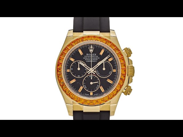 Rolex Daytona Yellow Gold Orange Sapphire Bezel Black Diamond Dial  116588SACO$324,000.00 - YouTube