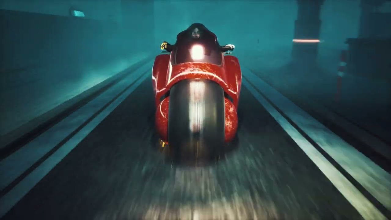 A Cyber Background with a girl on a motorcycle riding through a futuristic city. Fiction Screensaver