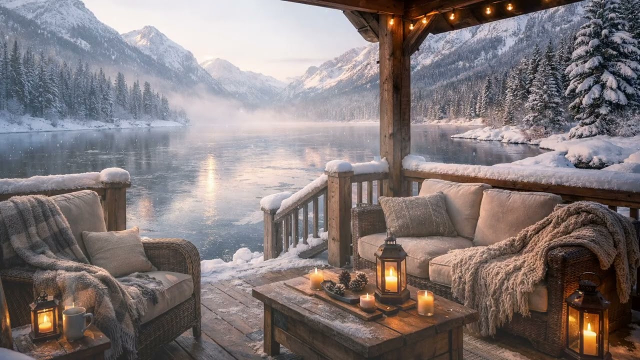 ❄️A Comfortable Winter Porch Overlooking an Icy Lake. Acoustic music for Relaxing.