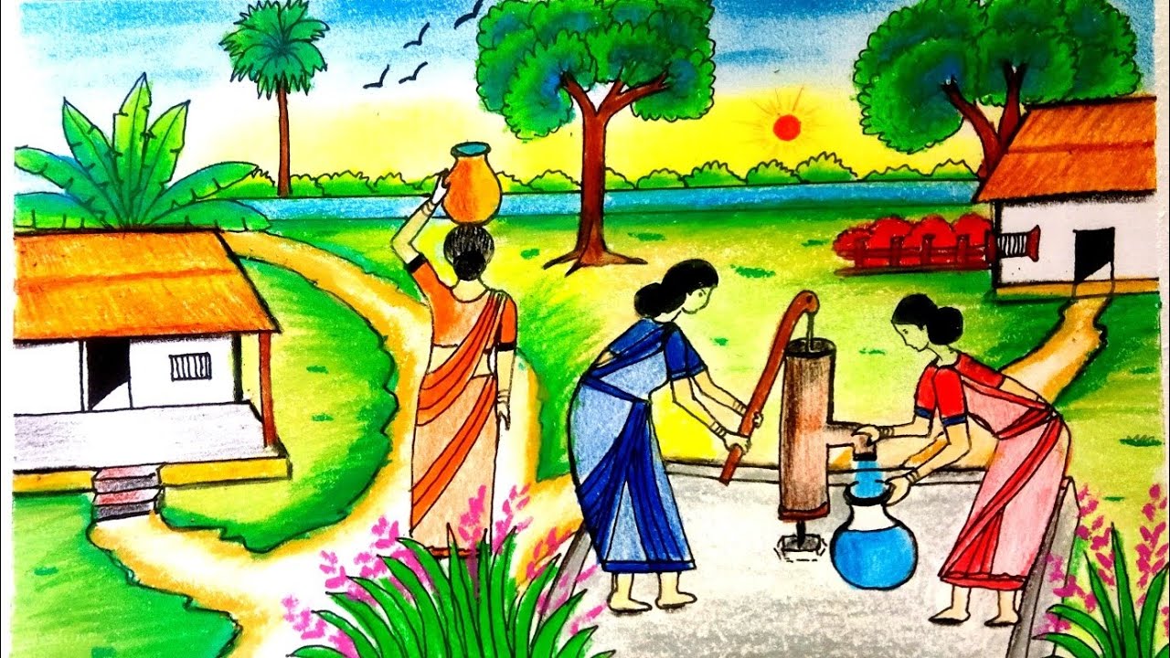 Village scenery drawing||How to draw Scenery of women Take water from Tube-well step by step.