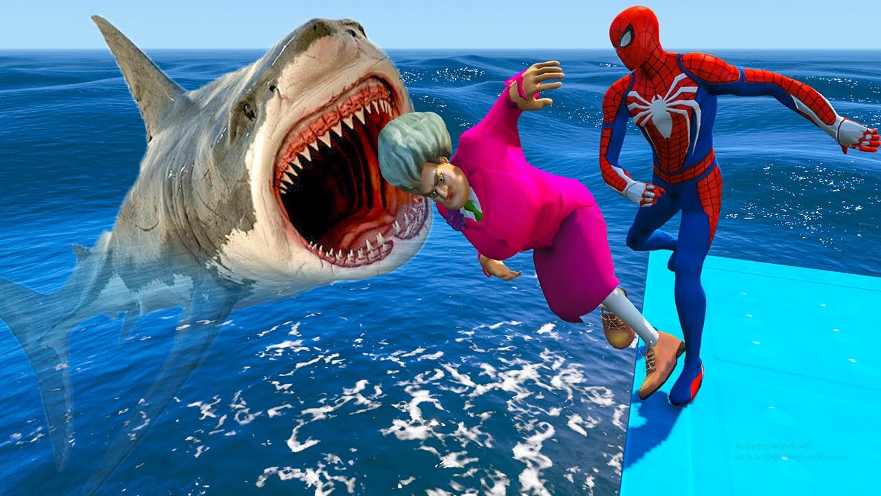 Spiderman and Scary Teacher Shark Danger, Miss'T Fall - Game Animation
