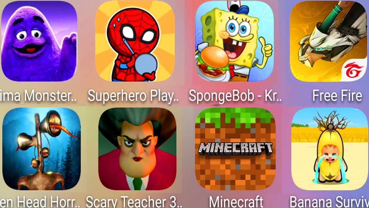 Superhero Play 456,Grimace Monster Scary,SpongeBob Krusty,Free Fire,Minecraft,Banana Survival Master