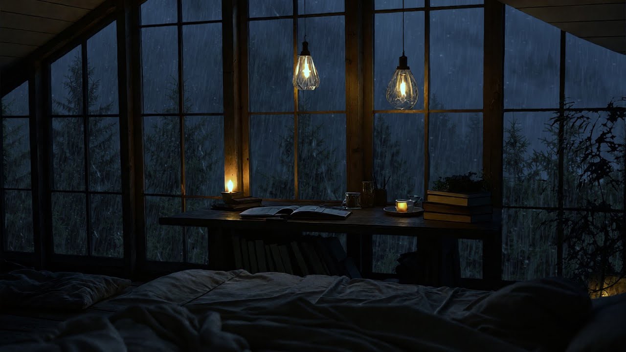 A long night inside the small attic - Falling asleep to the gentle rain & thunder outside the window