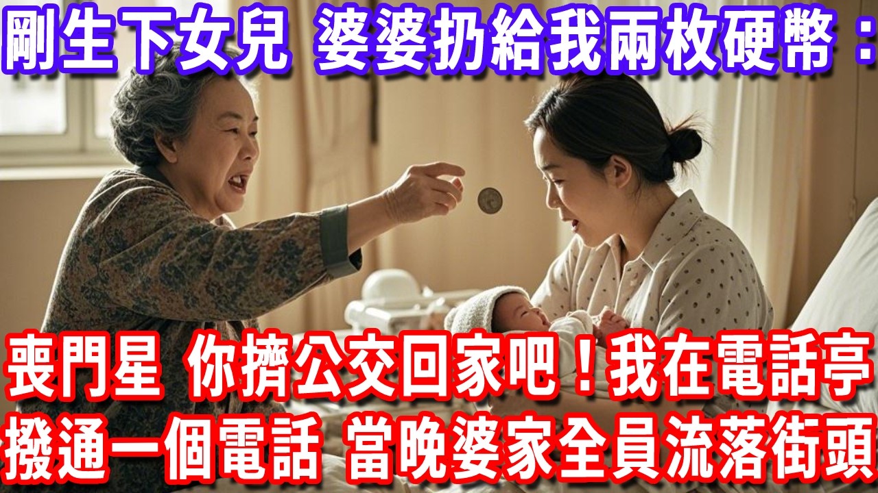 剛生下女兒，婆婆扔給我兩枚硬幣：喪門星，你擠公交回家吧！我在電話亭撥通一個電話，當晚我住進臺北頂級月子中心，婆家全員流落街頭！#深夜講故事#為人處世#生活經驗#情感故事#故事#小說#戀愛#情感#婚姻