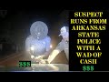 Car evades Trooper by driving through parking lot & hopping curb. Suspect runs & drops wad of CA$H