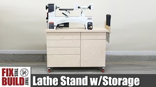 Build a wood lathe stand for your mini or midi lathe with a beefy bench top and TONS of storage for hardware, tools and blanks ...