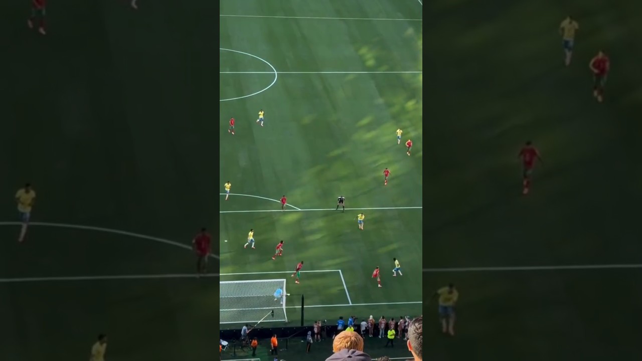 Vinícius Júnior marca o primeiro gol do Brasil na Copa, ângulo da torcida.