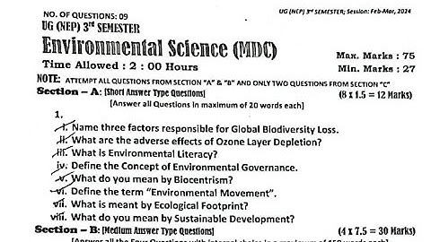 Environmental science MDC Question paper kashmir university ug 3rd sem || ug 3rd sem EVS Question