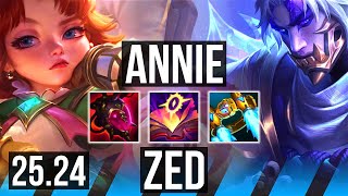 ANNIE vs ZED (MID) | Good KDA: 16/1/9 | KR Diamond | 25.24