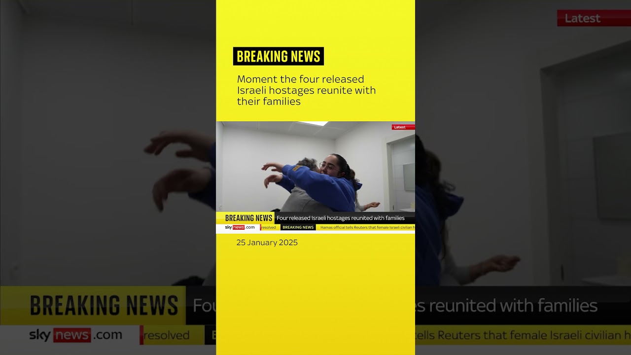 Moment the four released Israeli hostages reunite with their families.