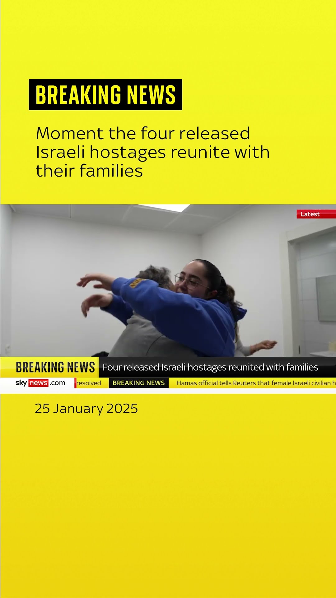 Moment the four released Israeli hostages reunite with their families.