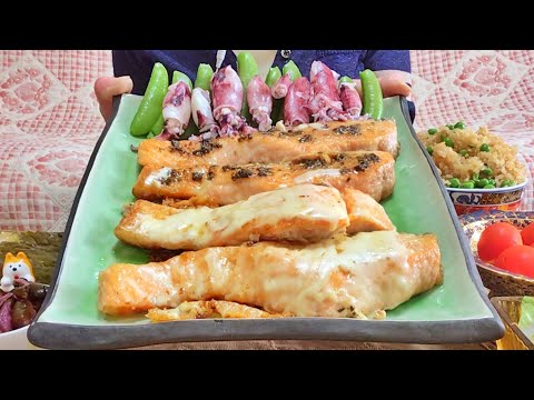 20190511 【咀嚼音】【ASMR】【mukbang】ムニエル イカ 醤油ご飯  サラダ お新香 トマト食べるだけ 一人飯 飯枠 飯動画 Mukbang