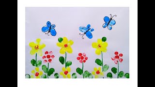 HOW TO DRAW FLOWERS AND BUTTERFLY WITH THUMBPRINT | HOW TO MAKE FINGERPRINT DRAWING SCENERY