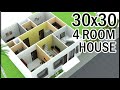 30'-0"x30'-0" 3D House Design | 30x30 4 Room House Plan | Gopal Architecture