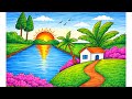 Easy village scenery drawing | how to draw village scenery stepby step | easy sunset scenery drawing