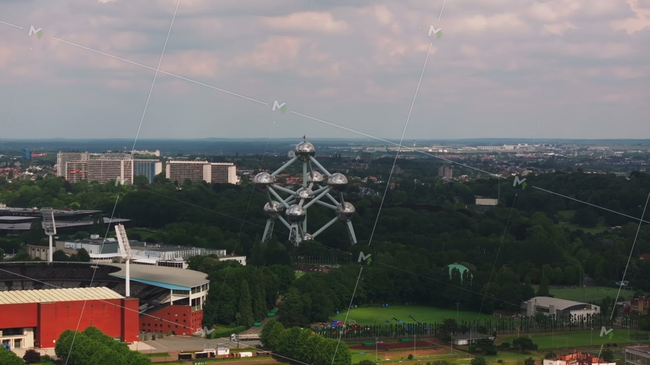 Panoramic views capture the Atomium and Heysel stadium in Brussels, highlighting the city's unique