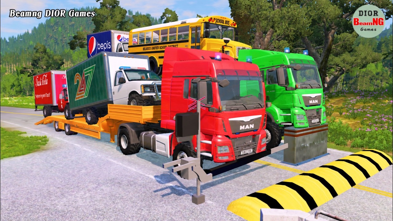 Double Flatbed Trailer Truck vs speed bumps|Busses vs speed bumps|Beamng Drive|1483