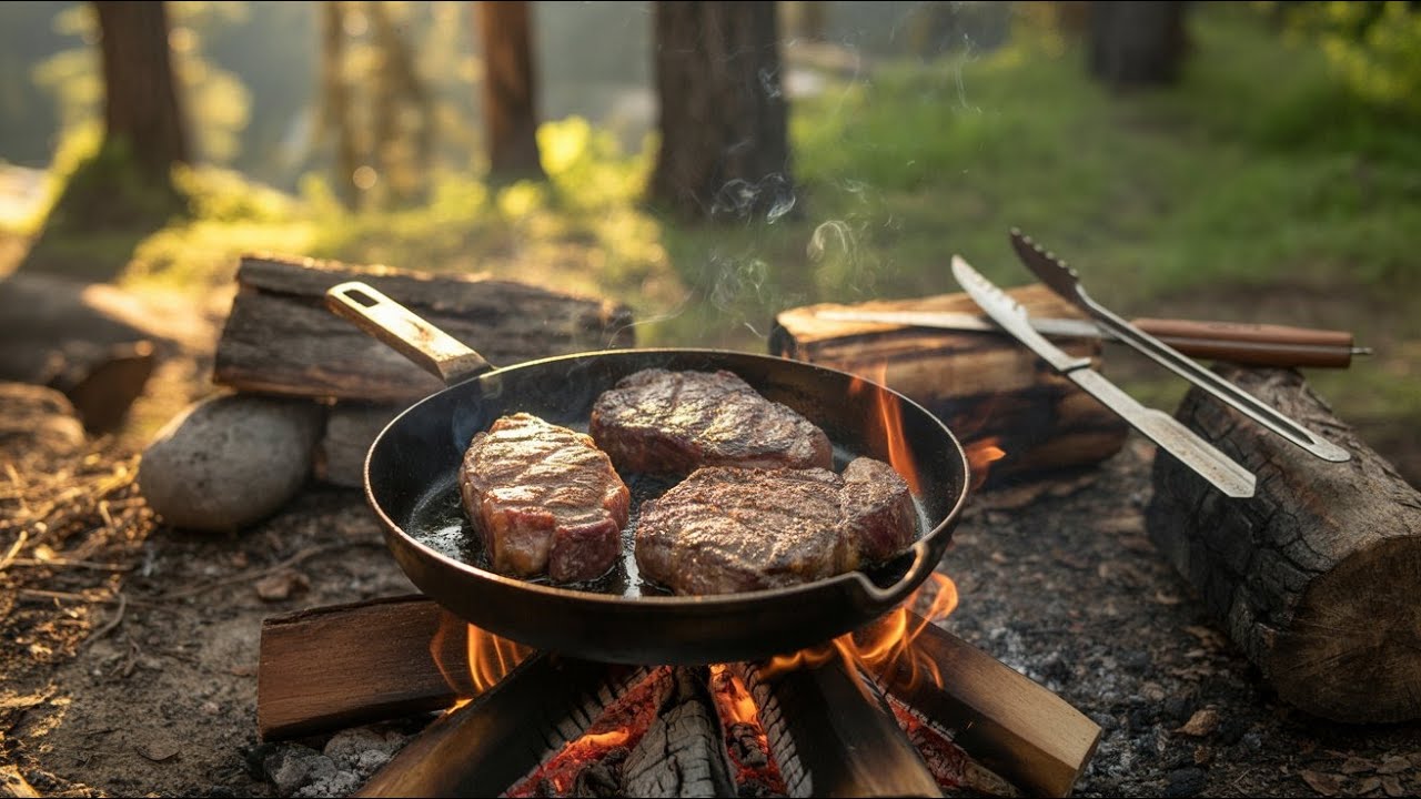 Primitive Fire Cooking at Its Finest 🔥 Giant Tomahawk Steaks in Nature!