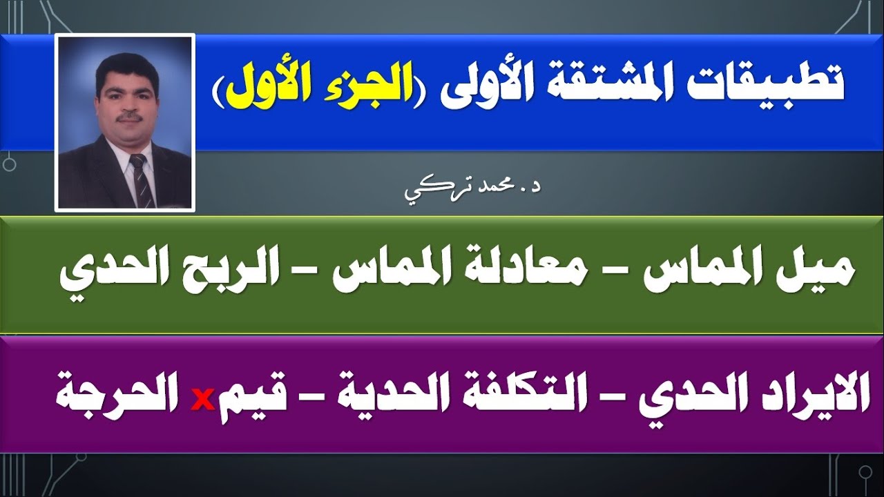 تطبيقات المشتقة الأولى الجزء الأول ميل ومعادلة المماس – الربح و الايراد الحدي-قيم x الحرجة.