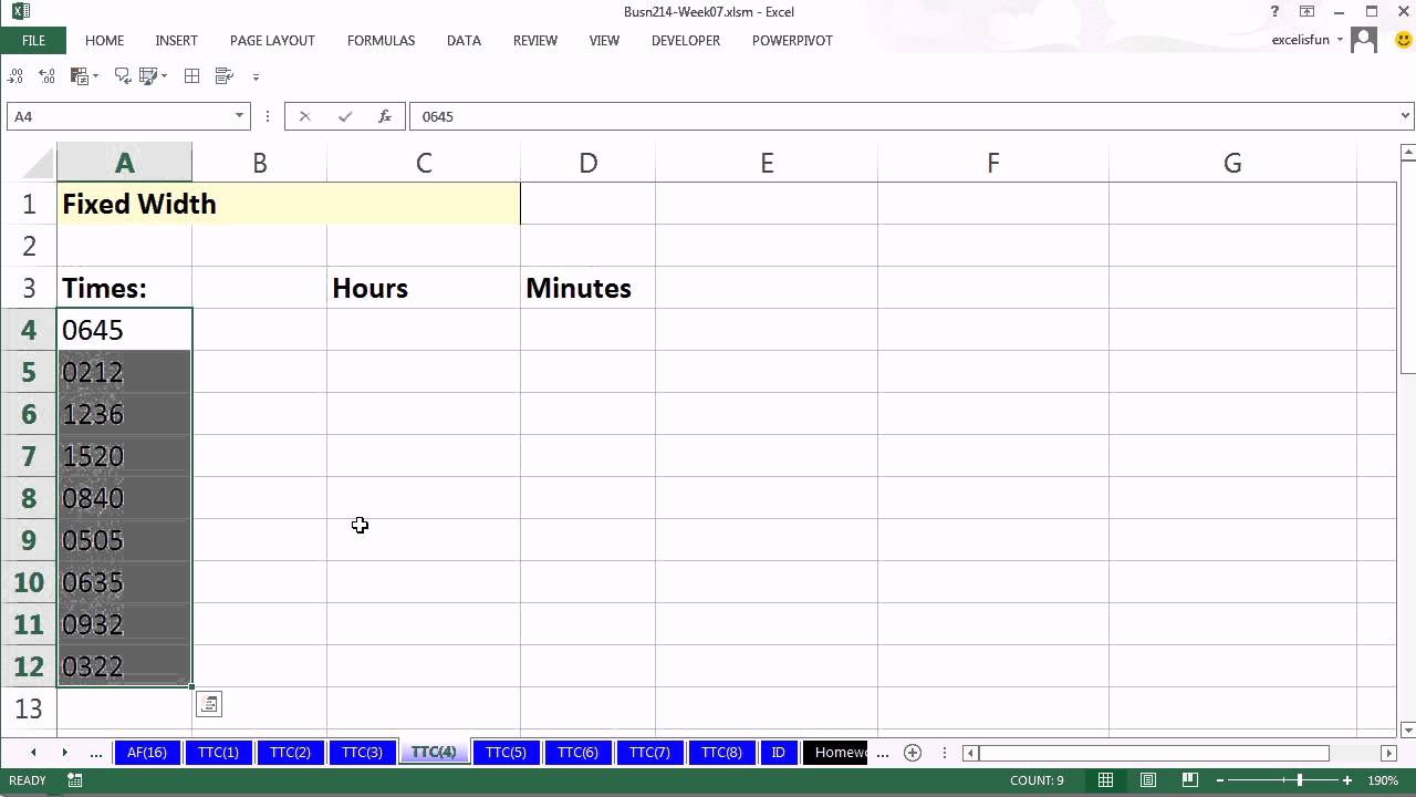 Highline Excel 2013 Class Video 38: Excel Text To Columns To Split or Convert Data 7 Examples