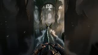POV locked to a Mist Serpent gliding through forgotten swamp ruins at dawn