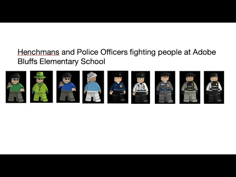Henchmans and Police Officers fighting people at Adobe Bluffs Elementary School