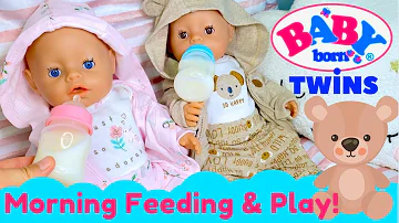 💖💙Baby Born Twins: Morning Routine, Feeding, Play & Nap! Emma & Ethan Are Eating Solid Food Now! 🍎🍐