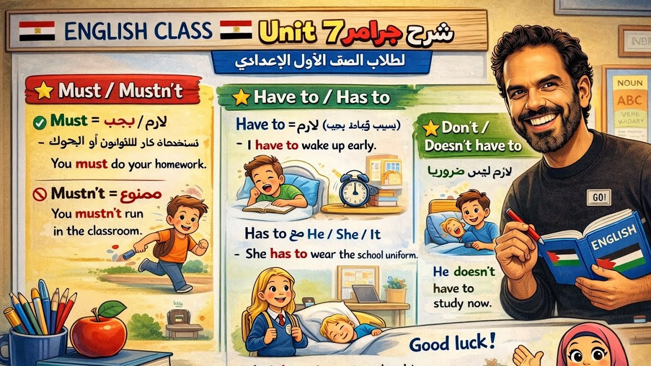 شرح جرامر Unit 7 لطلاب الصف الأول الإعدادي must /mustn't 