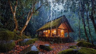 Goodbye Insomnia with Heavy Rain & Thunder Growls on a Stale Tin Roof in Foggy Murky Forest at Night