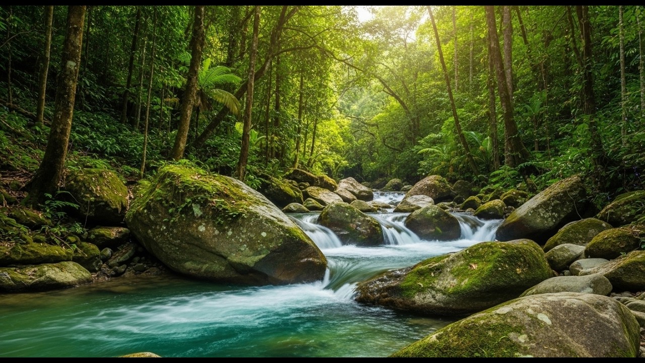 4K Relaxing River in Lush Green Forest with Natural Bird Sounds