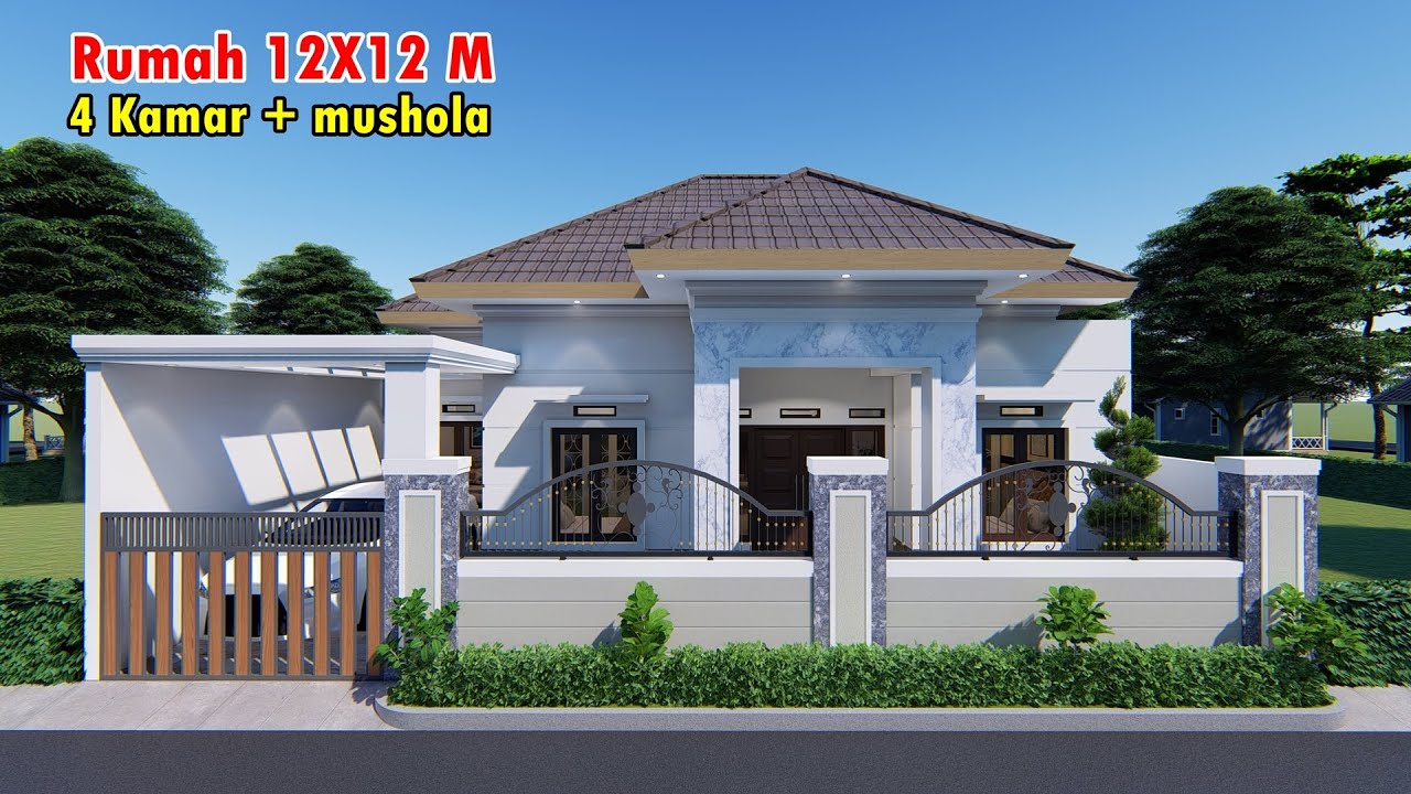 DESAIN RUMAH 12X12 M 4 KAMAR TIDUR ADA MUSHOLANYA YouTube