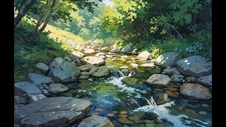 Lofi Chill Sleepy Sounds🎵 Illustrate a peaceful Lofi Chill scene of a flowing creek💤