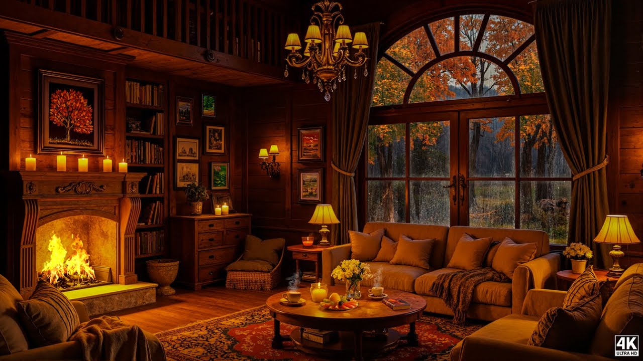 Cozy Autumn Cabin Ambience 🍂 Smooth Jazz Music & Fireplace Sounds for ...
