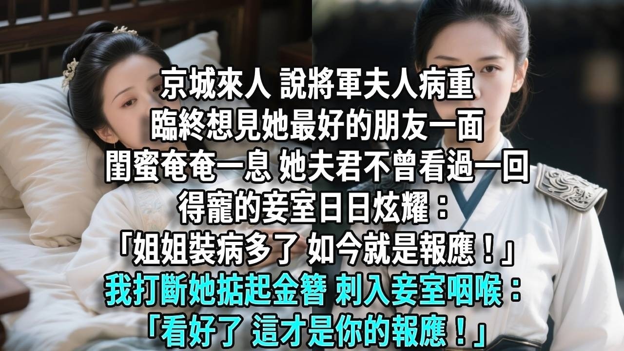 京城來人，說將軍夫人病重，臨終，想見她最好的朋友一面。趕到發現閨蜜奄奄一息，她夫君不曾看過一回，得寵的妾室日日炫耀：「姐姐裝病多了，如今就是報應！」我打斷她掂起金簪，刺入妾室咽喉：看好了這是你的