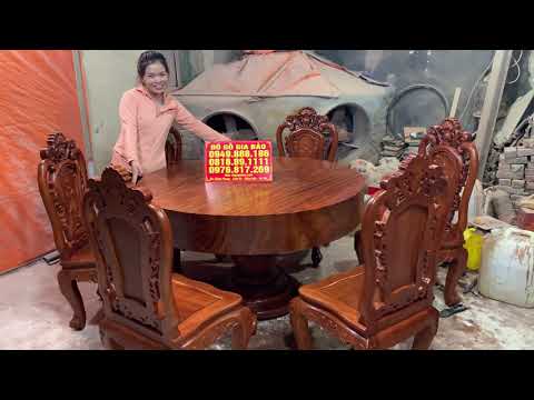 Video Bàn ăn tròn nguyên khối gỗ cẩm hồng vân cực đẹp + 6... - youtube