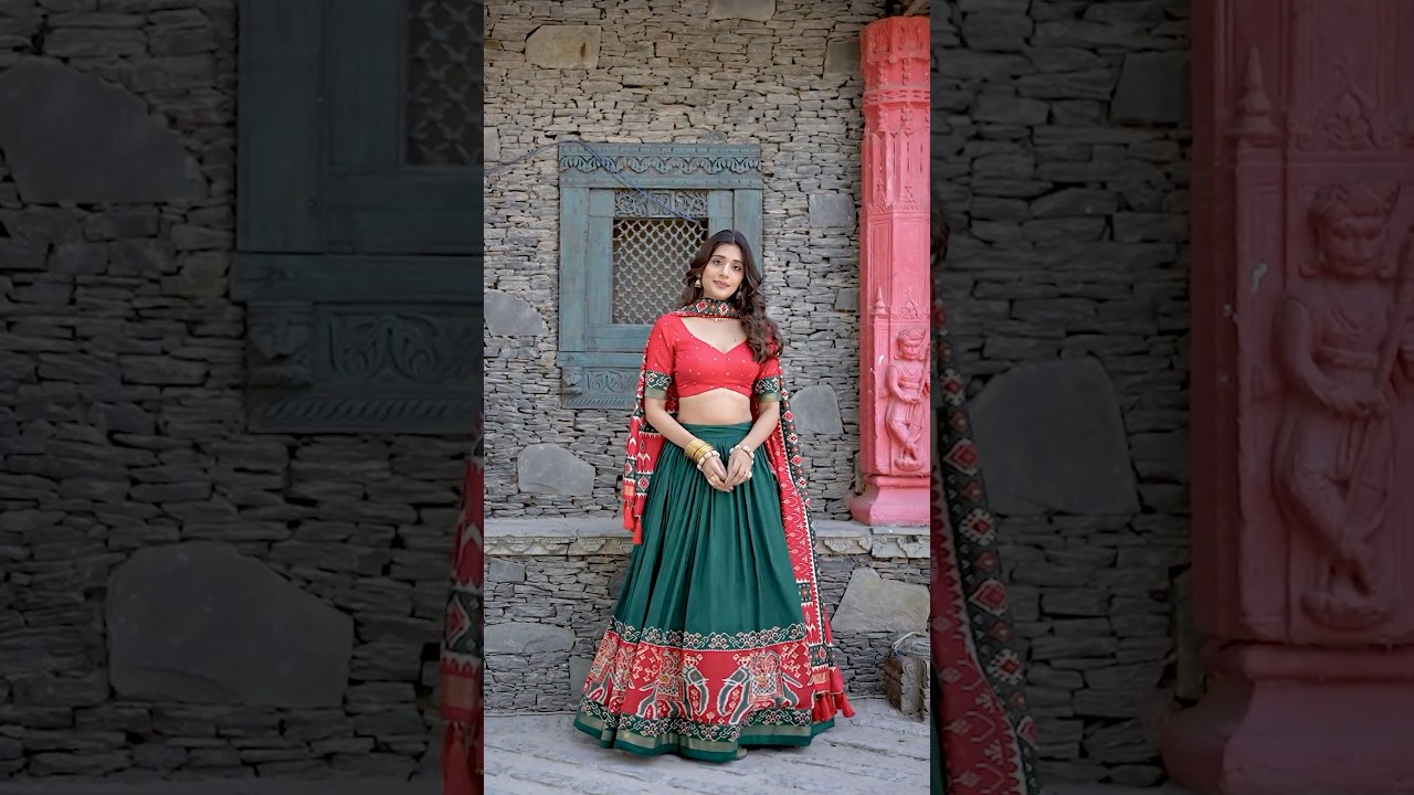 Green Floral Print Lehenga – Tussar Silk Blend, Foil Work, Navratri & Festive Wear