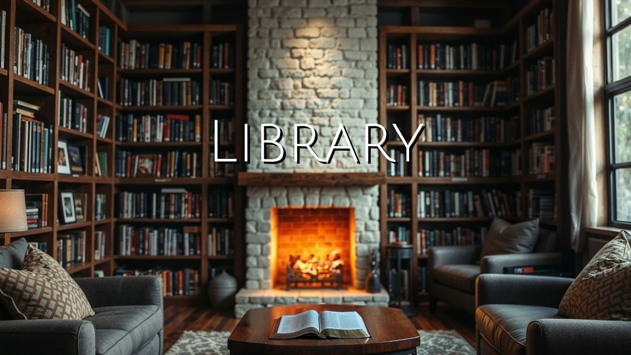 Rainy Library with Fireplace • Relaxing Study Ambience for Reading, Focus & Sleep