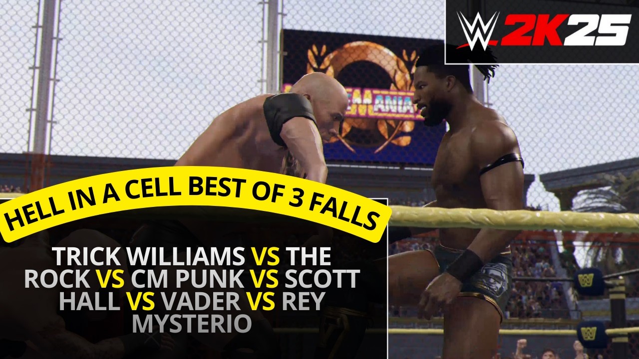 WWE 2K25 – Rock vs CM Punk vs Scott Hall vs Vader vs Rey Mysterio (Hell in a Cell Best of 3 Falls)
