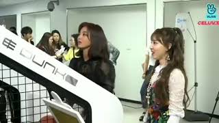 Jihyo and Nayon playing basketball game at soribada backstage