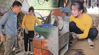 The girl comes to repair the rice milling machine problem for her neighbor.
