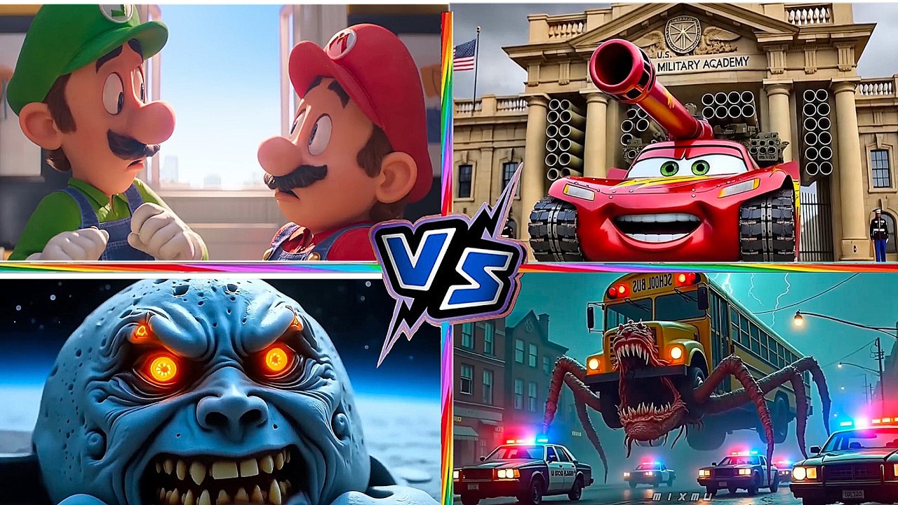 LUNAR MOON VS McQueen Tank VS Super MARIO VS School Bus Monster Tiles Hop EDM Rush 24