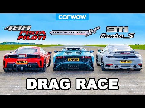 Ferrari 488 Pista Piloti v Aventador SV v 800hp 911 Turbo S: DRAG RACE